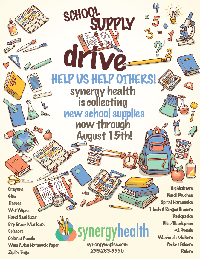 Synergy Health School Supply Drive flyer | Naples Chiropractor